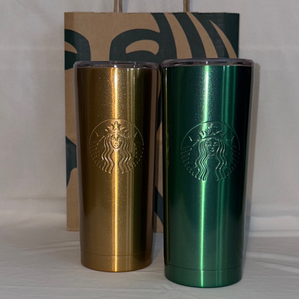 Starbucks Marching Gold and Green Metallic Tumblers Set
